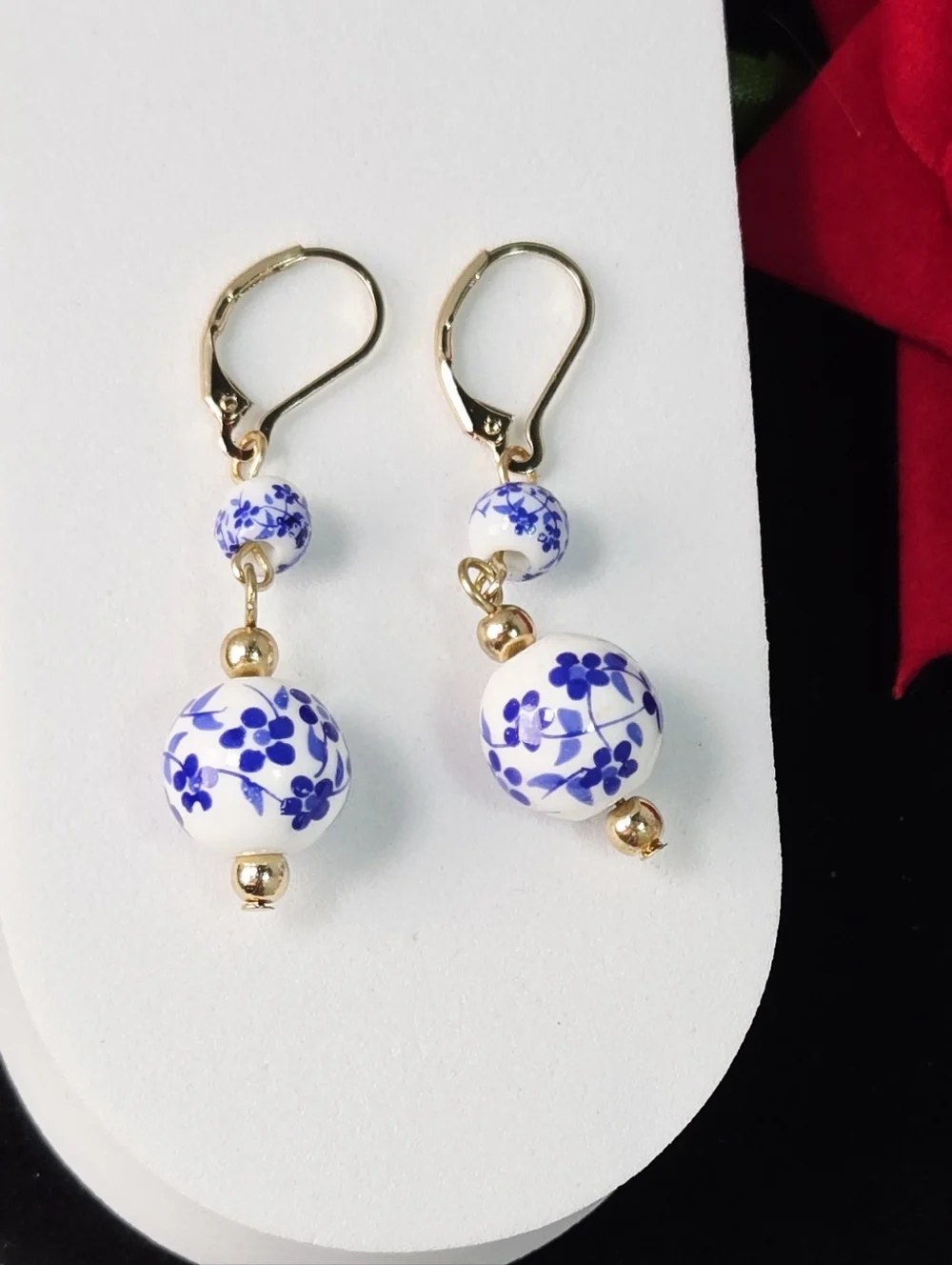 Blue Floral Porcelain Earrings Gold Leverback Dangle Vintage Chinoiserie Refined